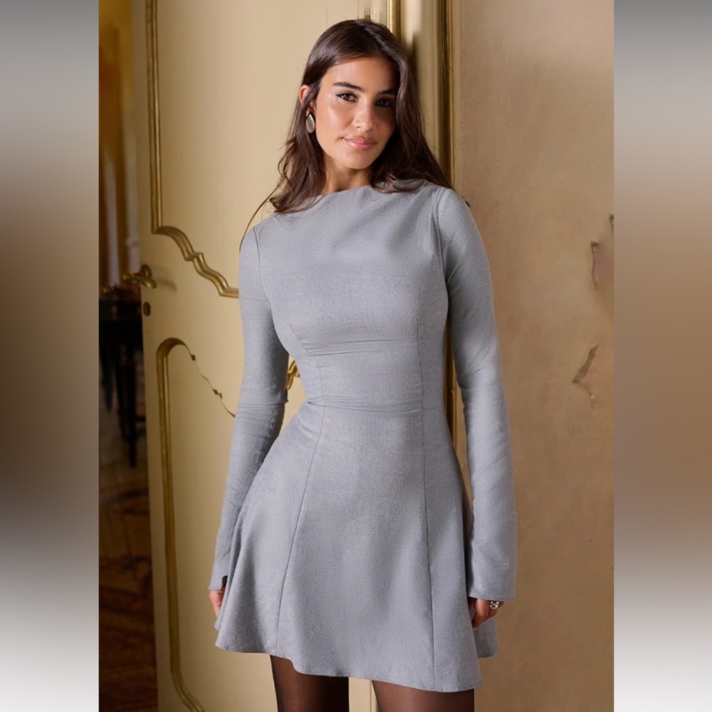 NEW CHERLEY Elegant Gray Long Sleeve Dress
